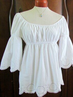 EMPIRE WAIST TOP, 10, WHITE COTTON EYELET, BELL SLEEVES, ON or OFF-SHOULDER